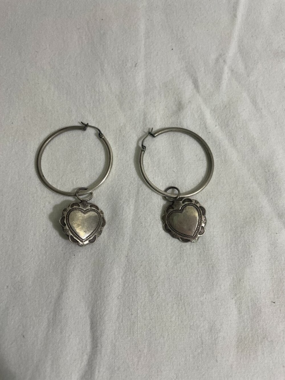 925 Sterling Silver Heart Charm Hoop Earrings Southwestern Style Dangle Pair